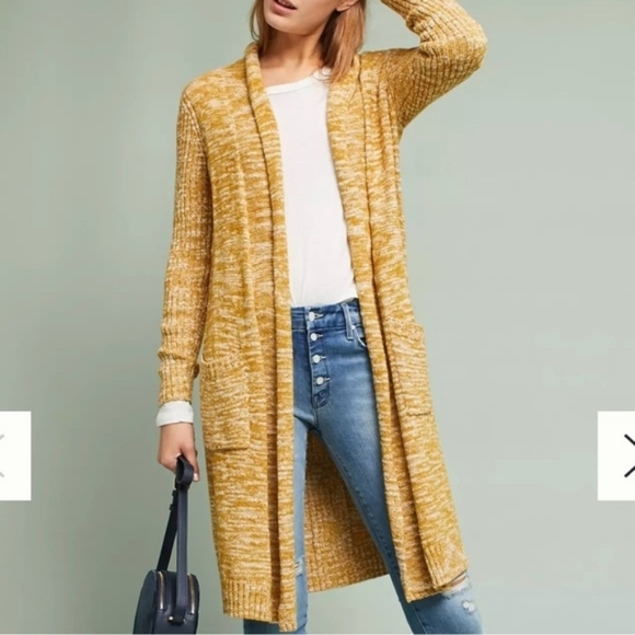 Anthropologie Abigail Duster Long Open Cardigan Marled Heather Mustard Yellow M - Picture 5 of 9